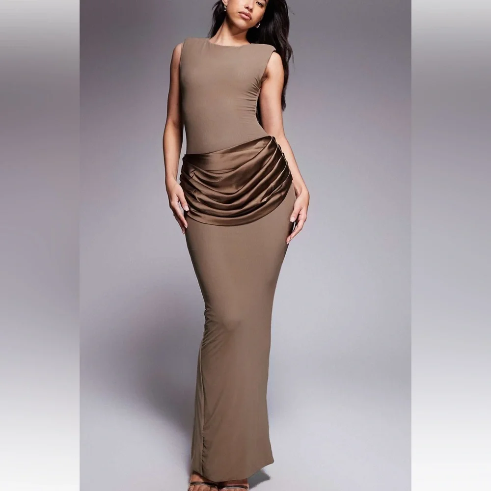 ASOS- Wander Doll taupe shoulder pad satin drape waist detail bodycon maxi dress - Picture 2 of 5